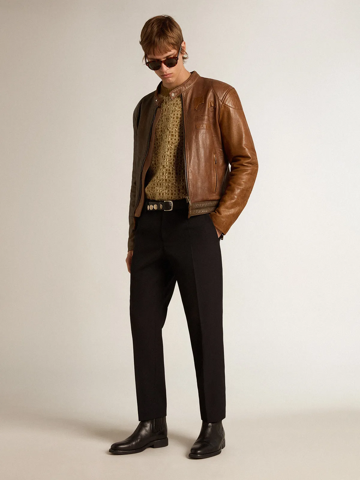 Biker-inspired brown nappa leather jacket