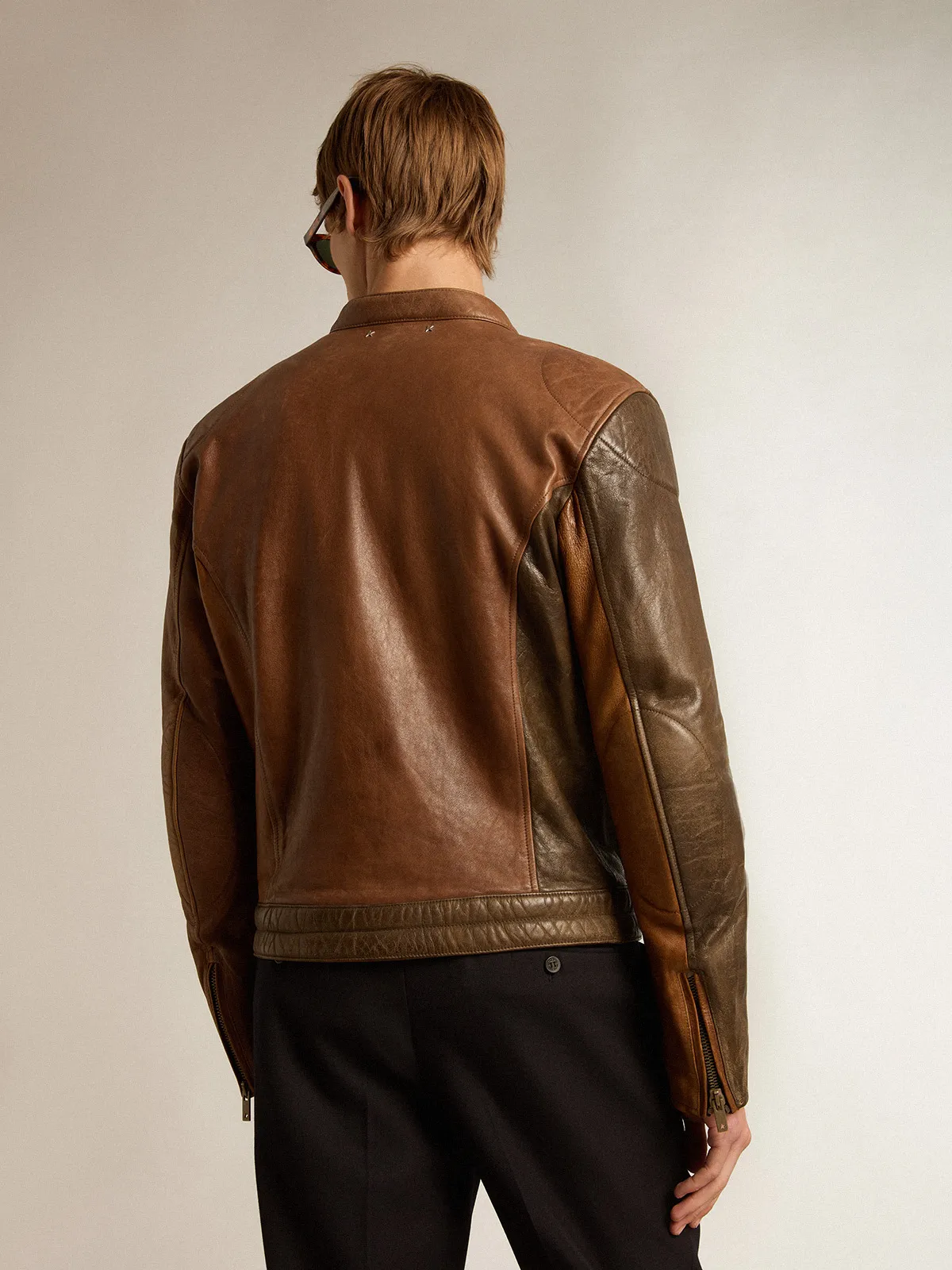 Biker-inspired brown nappa leather jacket