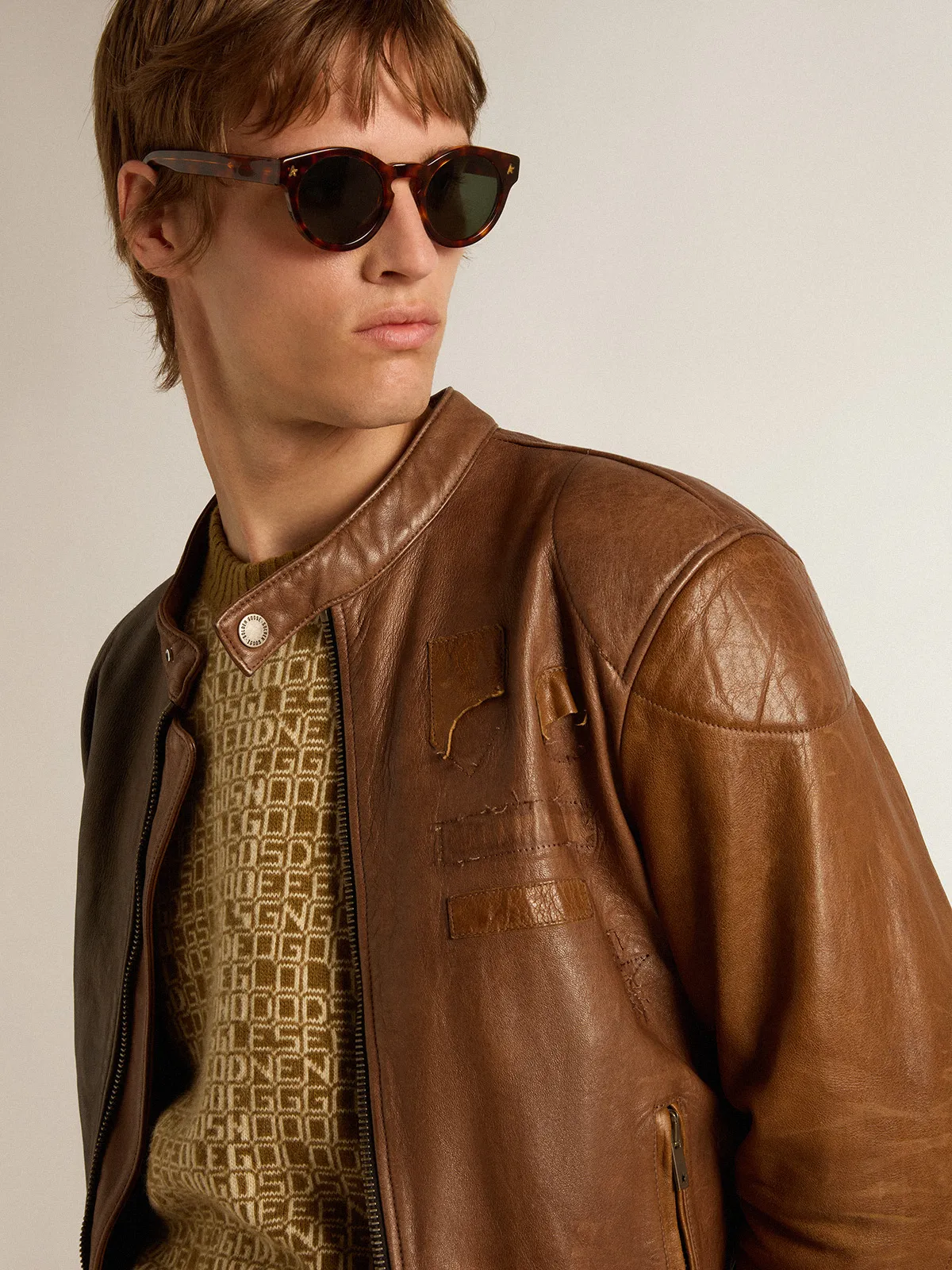 Biker-inspired brown nappa leather jacket