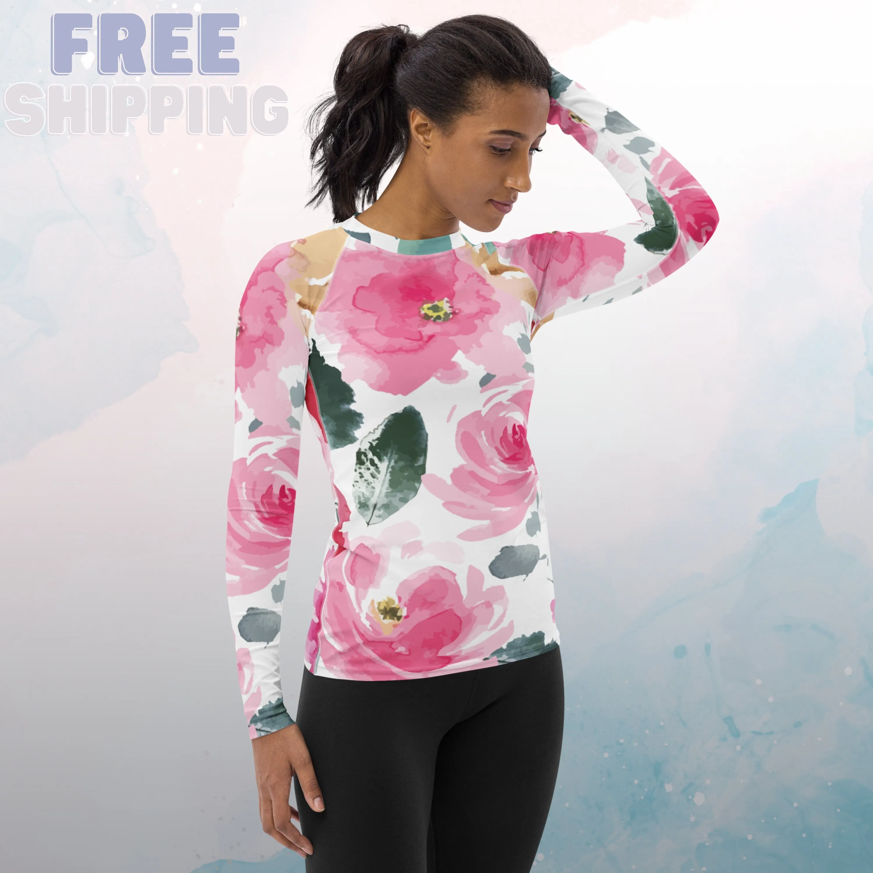 Bold Floral Pattern Womens Rash Guard Workout Shirt Surfing Top