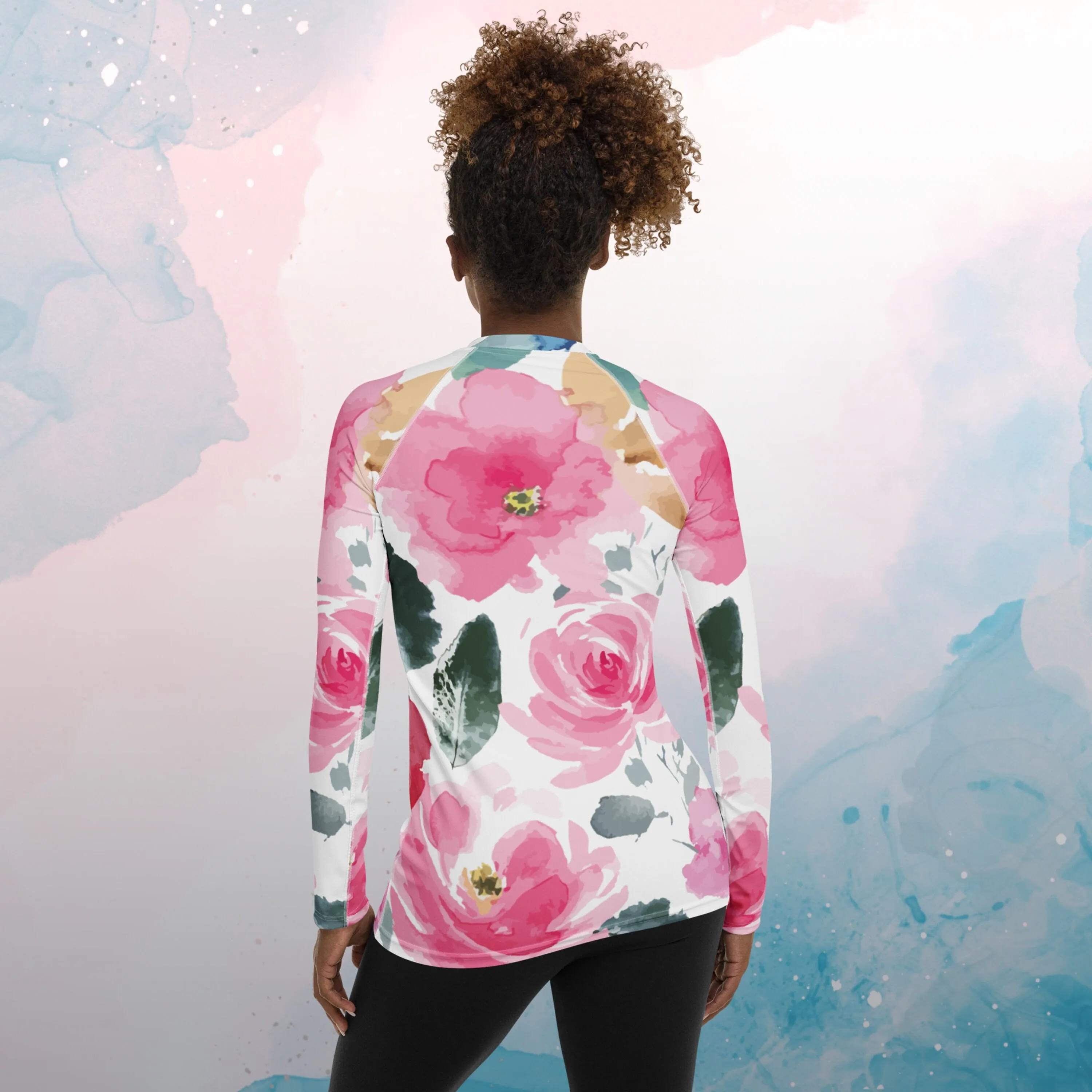 Bold Floral Pattern Womens Rash Guard Workout Shirt Surfing Top