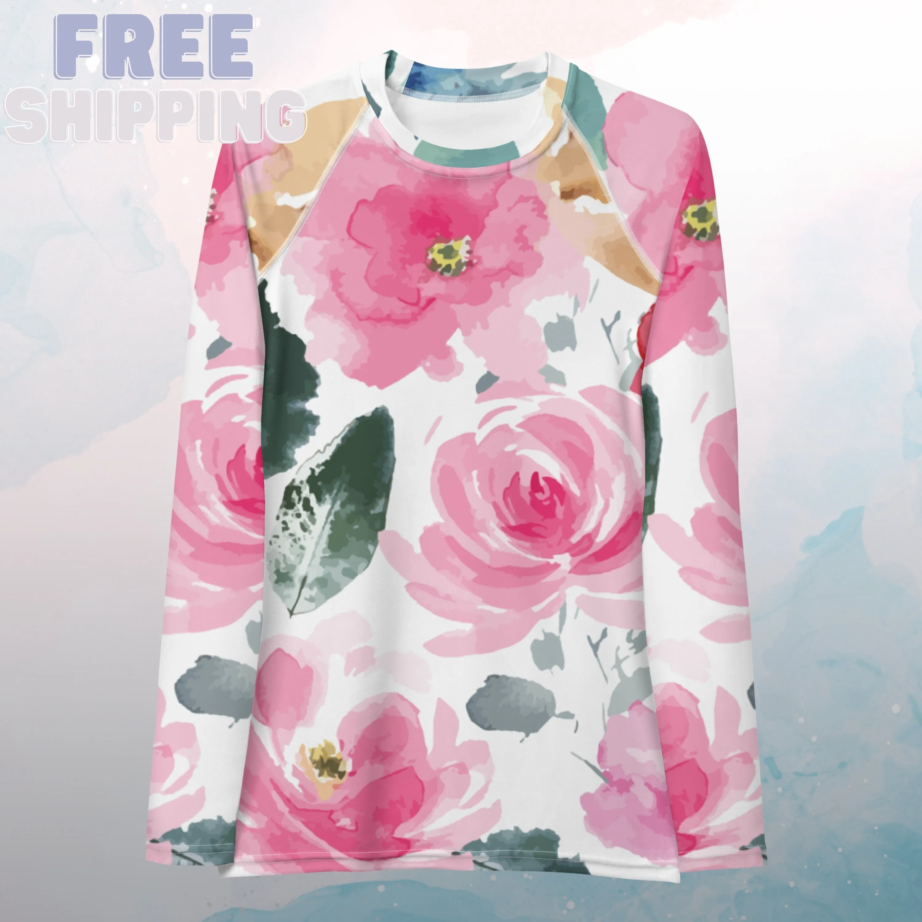 Bold Floral Pattern Womens Rash Guard Workout Shirt Surfing Top