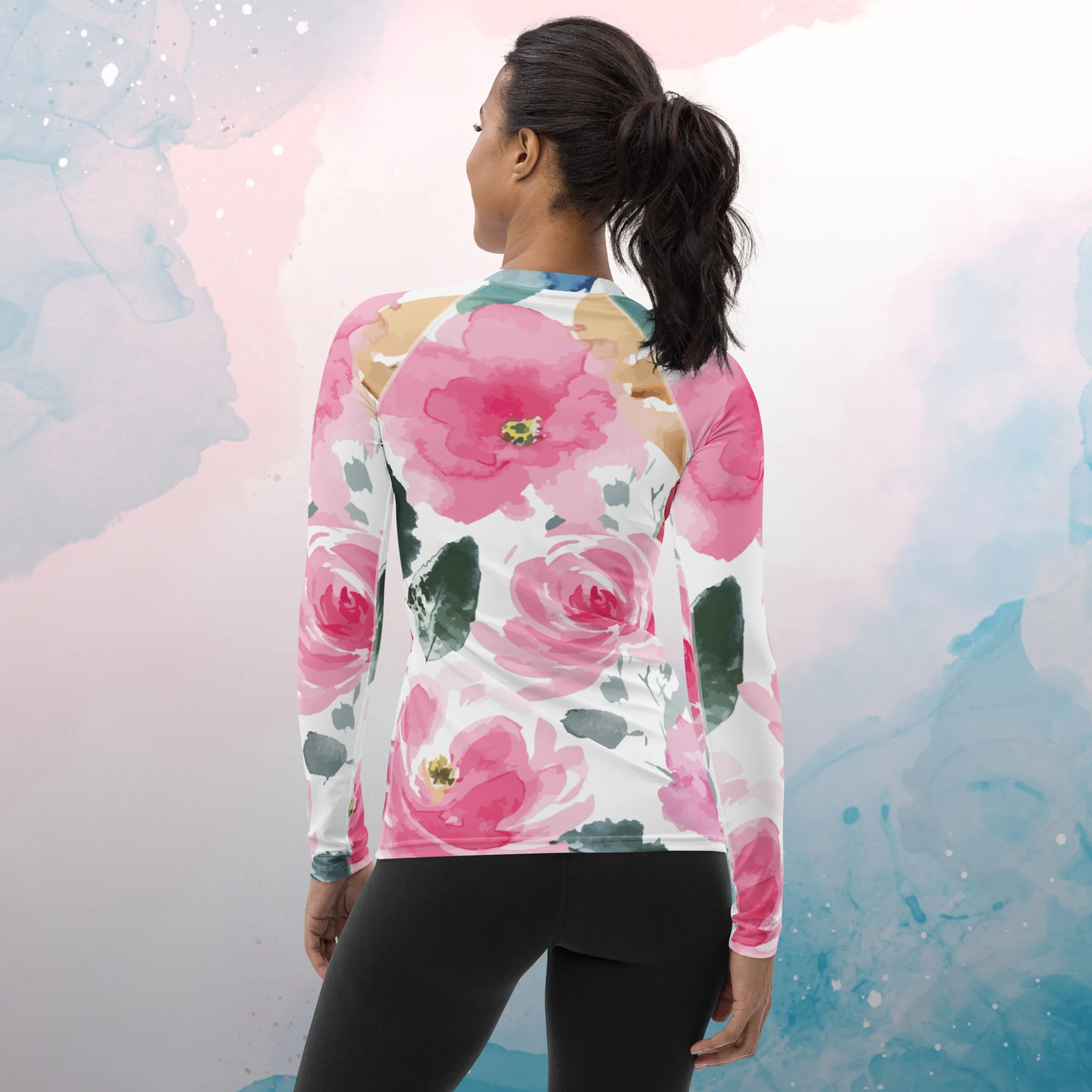 Bold Floral Pattern Womens Rash Guard Workout Shirt Surfing Top