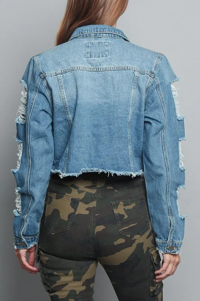 Cropped Distressed Denim Jacket