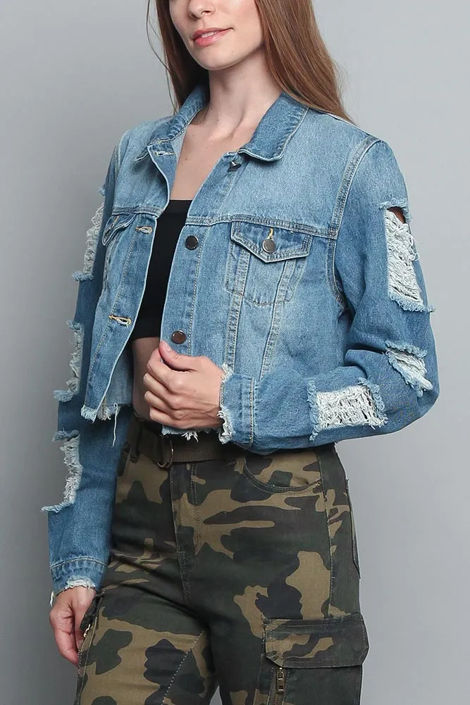 Cropped Distressed Denim Jacket