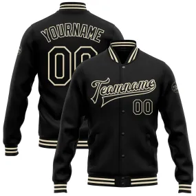 Custom Black Black-Cream Bomber Full-Snap Varsity Letterman Jacket