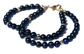 Dark Blue Freshwater Pearl and 9ct Solid Gold Bead Bracelet.