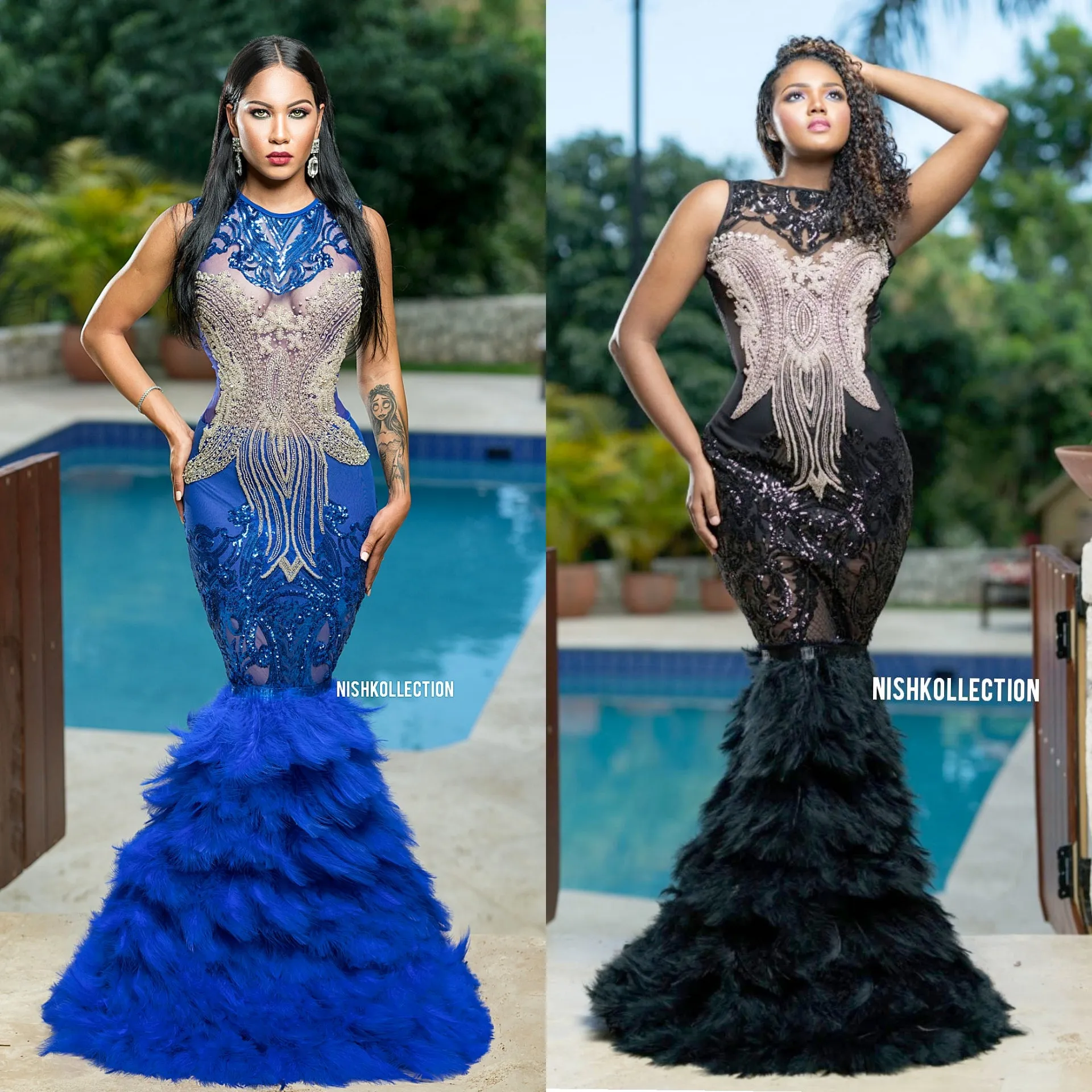 Dream Feather Sequin Rhinestone Mermaid Gown