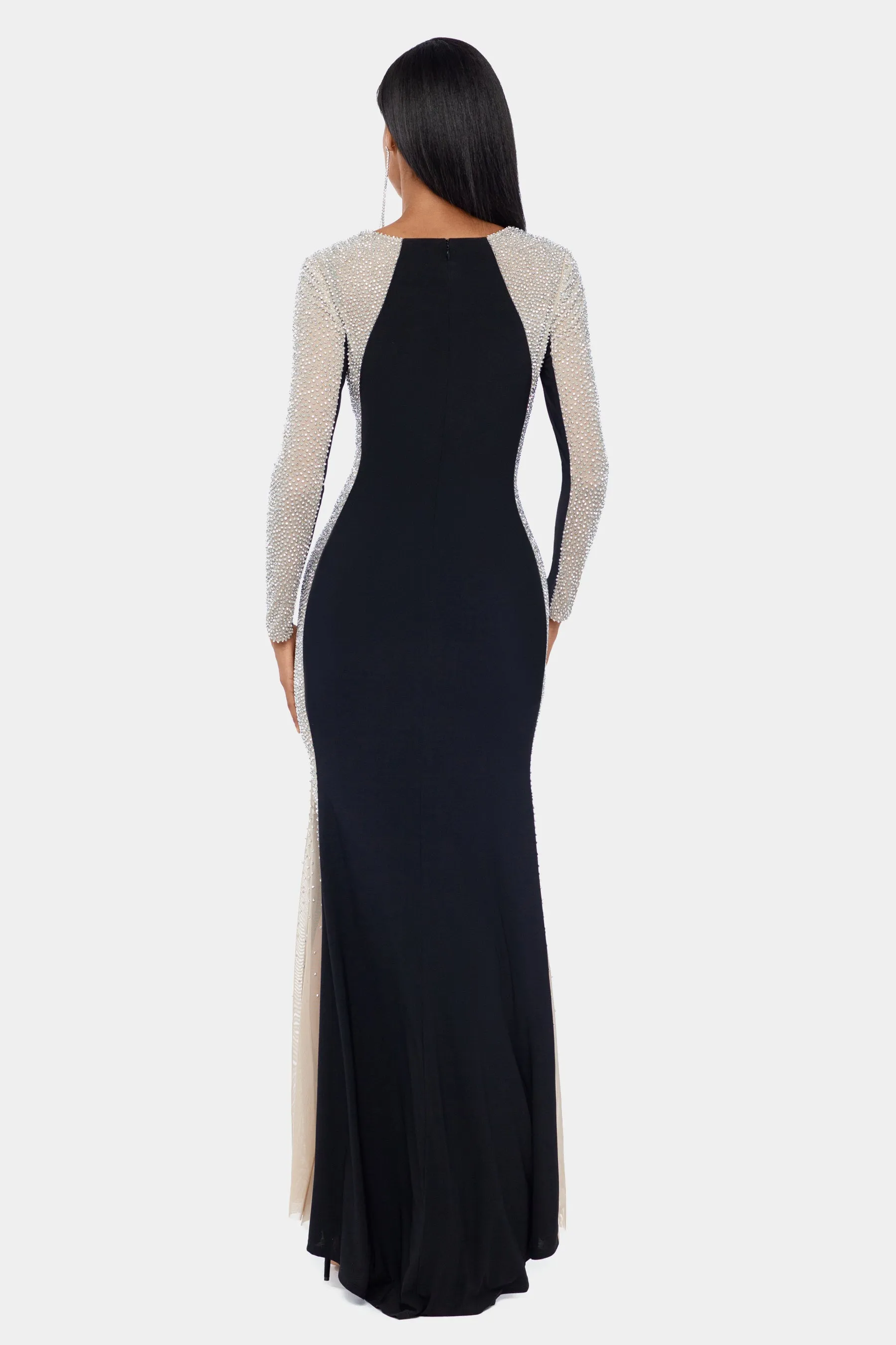 Long Ity Square Neck Caviar Beaded Sleeve Dress